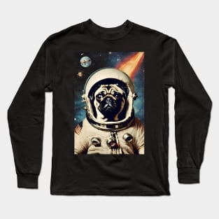 Cute Pug Astronaut in Space Surreal Collage Vintage Art Long Sleeve T-Shirt